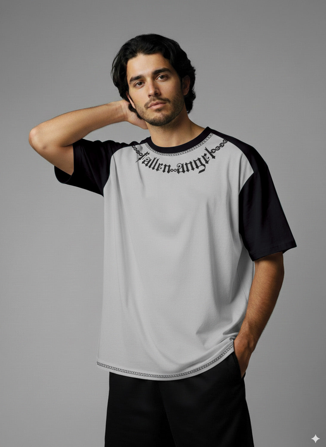 Fallen Angel Oversized T-Shirt - Light Grey & Black
