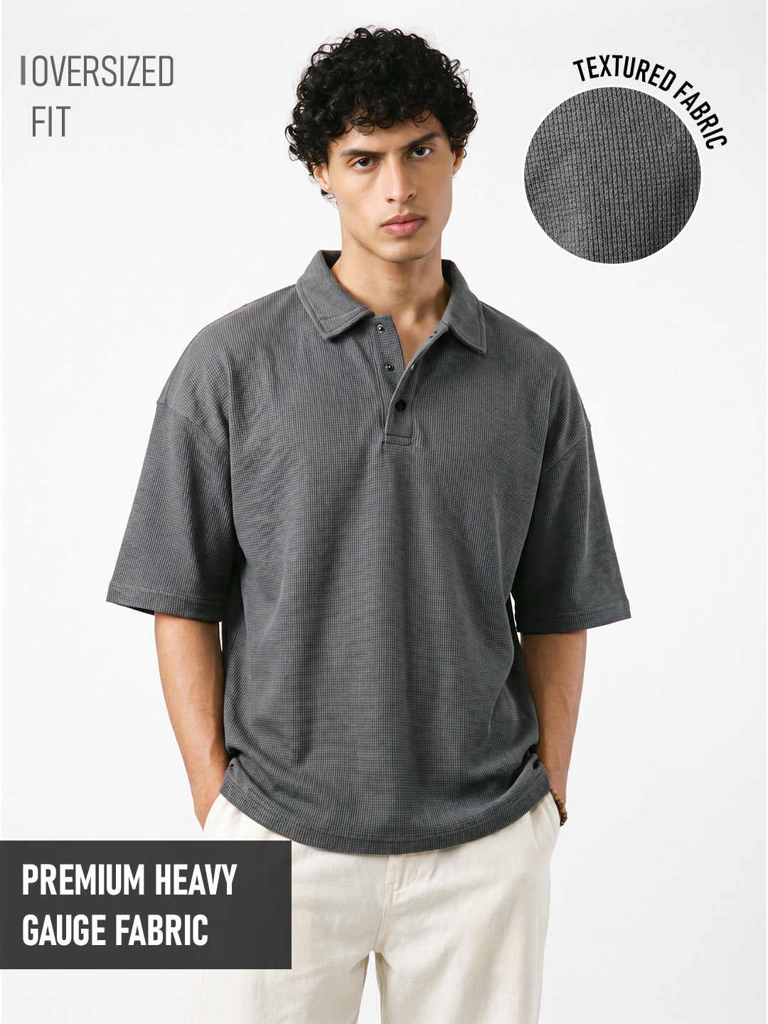 Gun Metal Button Oversized Polo T-Shirt - Dark Grey – Crazymonk