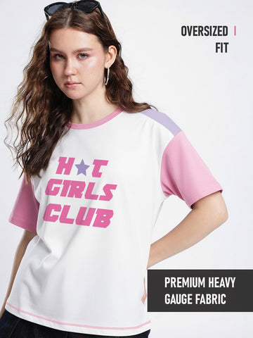 Hot Girls Club Women Oversized T-Shirt - White/Lilac, Rib-Pink