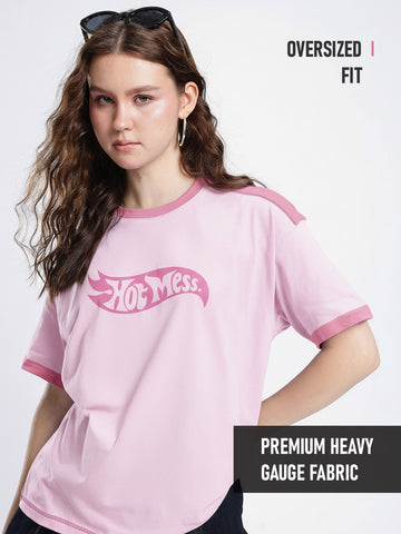 Hot Mess Women Oversized T-Shirt - Pink - Sleeve Stripes
