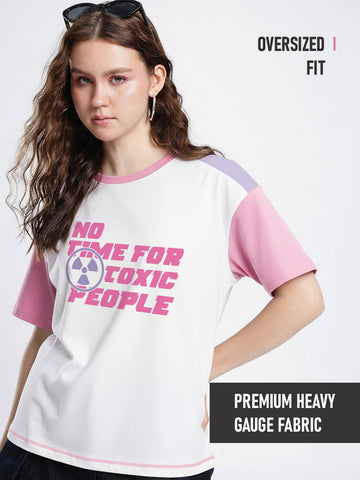 No Time For Toxic People Women Oversized T-Shirt - White/Lilac, Rib-Pink