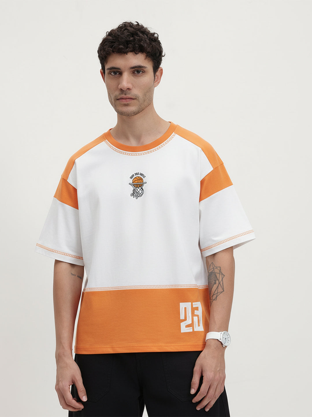 Hoop And Hustle Oversized T-Shirt- Orange & White