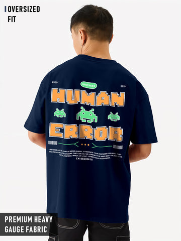 Human Error Graphic Printed Oversized T-Shirt - Navy Blue