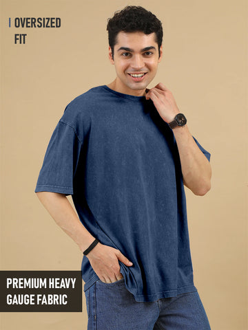 Plain Acid Wash Oversized T-Shirt - Navy Blue