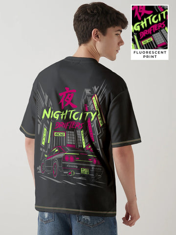 Night Drifters Oversized T-Shirt - Black, Red & Green