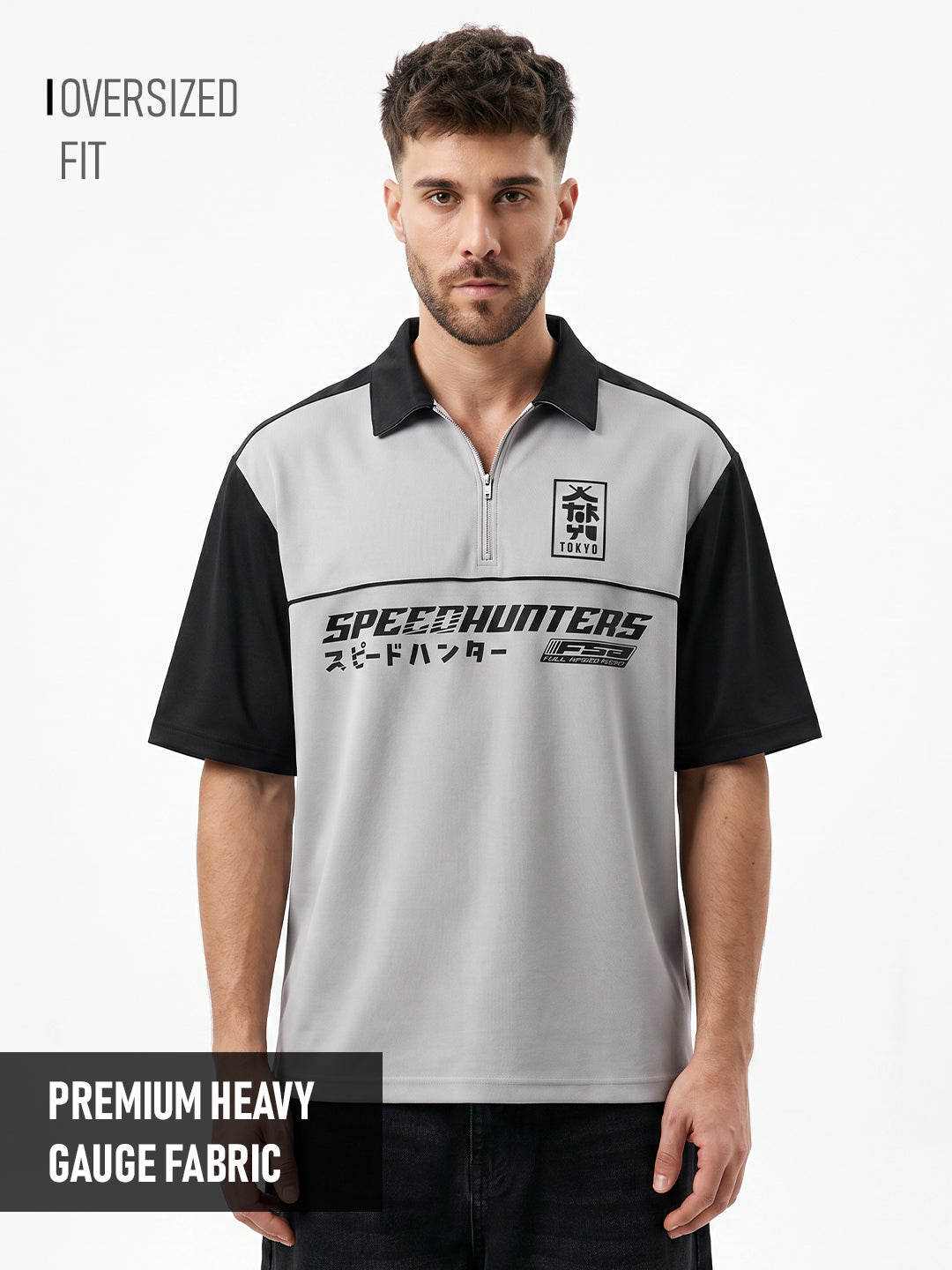 Polo - Speed Hunters Oversized Polo T-Shirt - Black & Lt.Grey