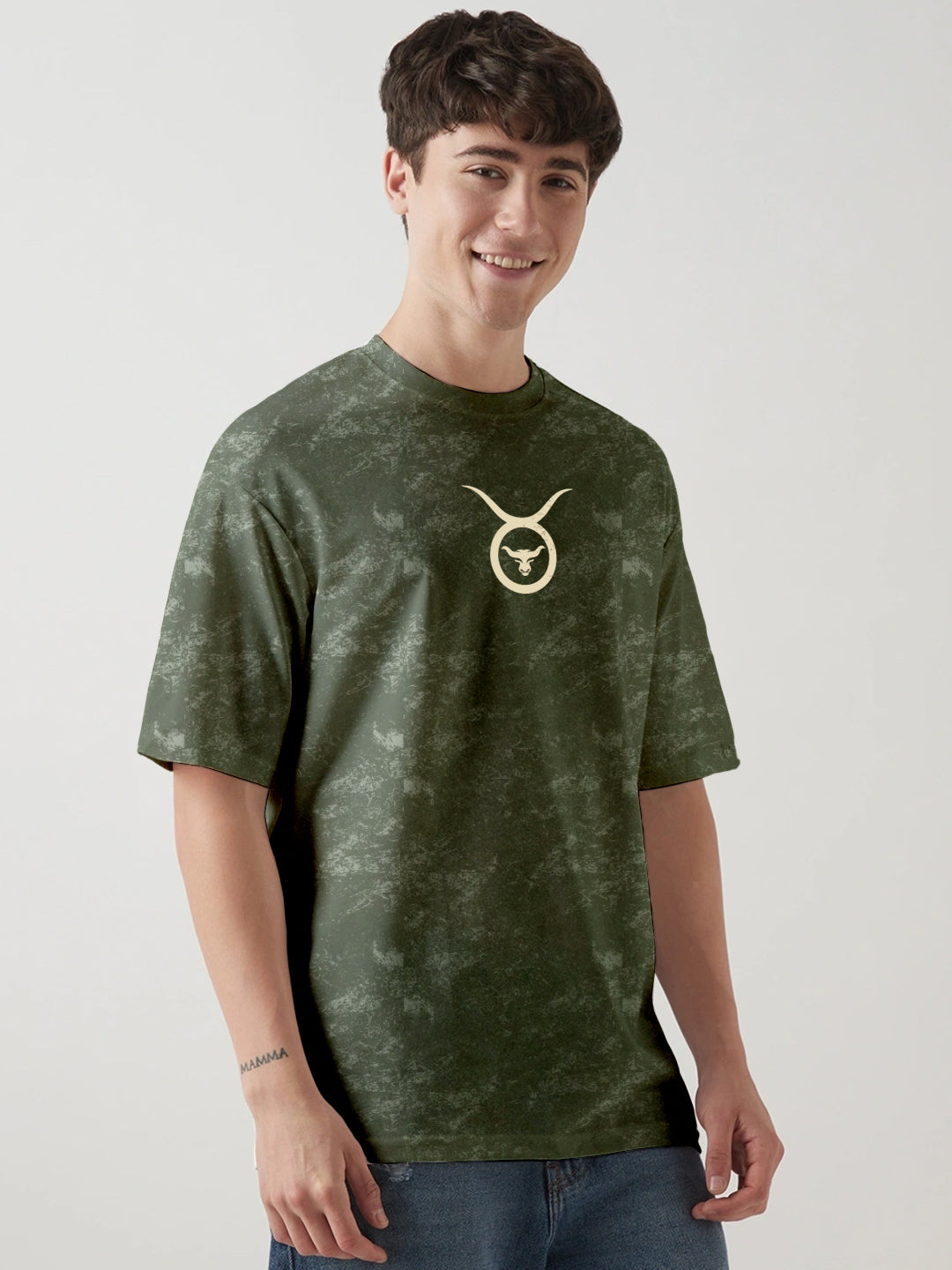 Taurus Zodiac Acid Wash Graphic Printed Oversized T-Shirt - Green
