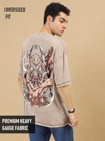 Inosuke Hashibra Printed Anime Oversized Stone Wash T-Shirt -Hazzle Nut