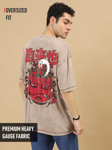 Jiraiya X Gamakichi Printed Anime Oversized Stone Wash T-Shirt - Hazzle Nut
