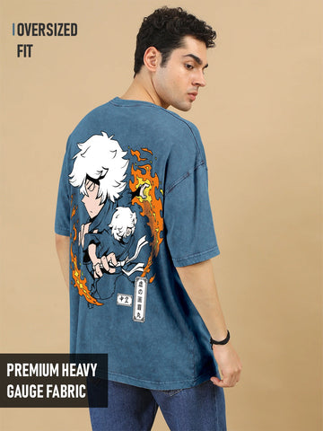 Gabimaru Hell of Paradise Printed Anime Oversized Stone Wash T-Shirt - Denim Blue