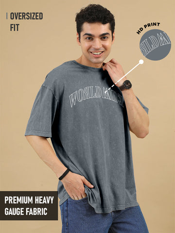 World Wide Acid Wash Oversized T-Shirt - Steel Grey