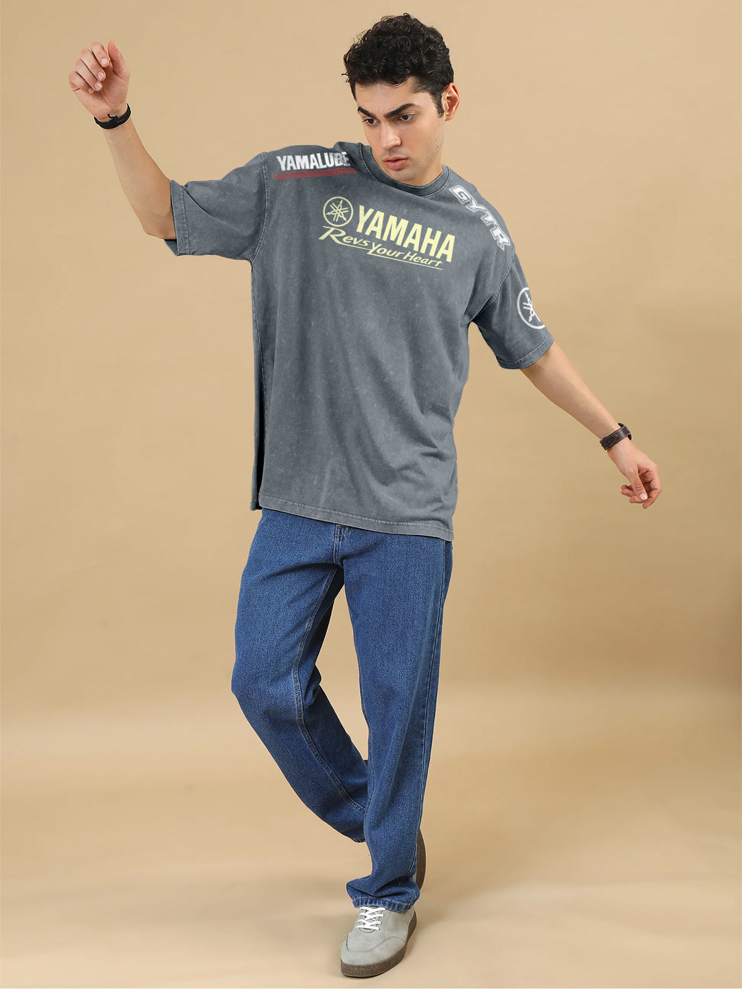 Yamaha Printed Acid Wash Oversized T-Shirt - Steel Grey