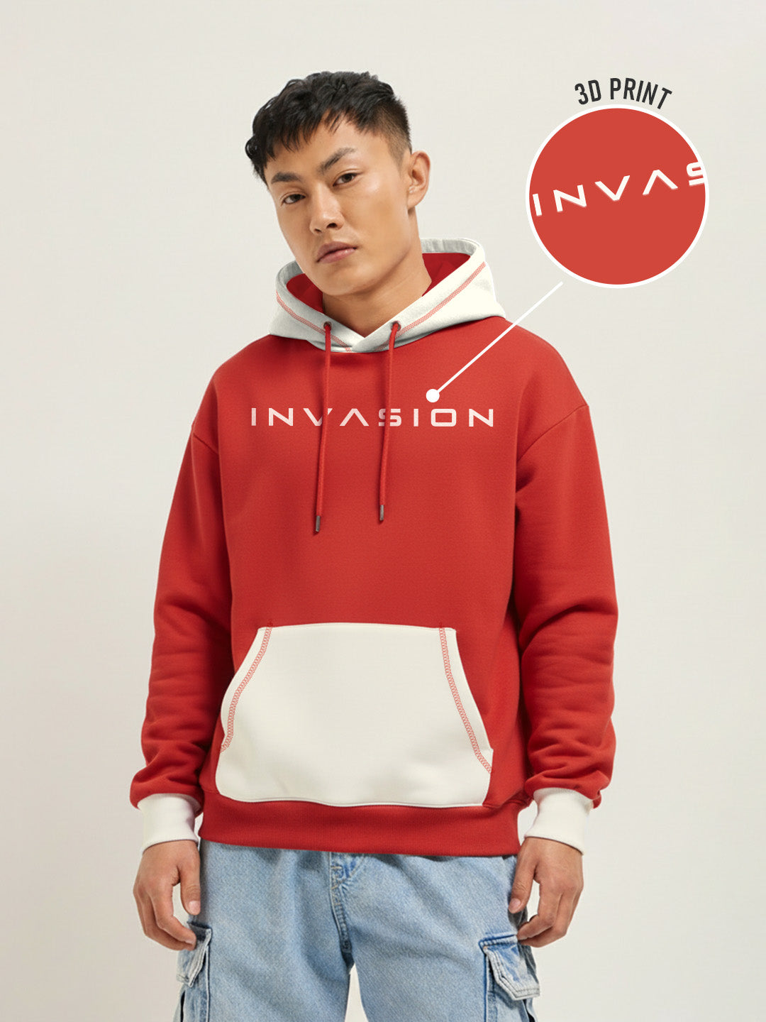 Invasion Oversized Hoodie - Red & Off White