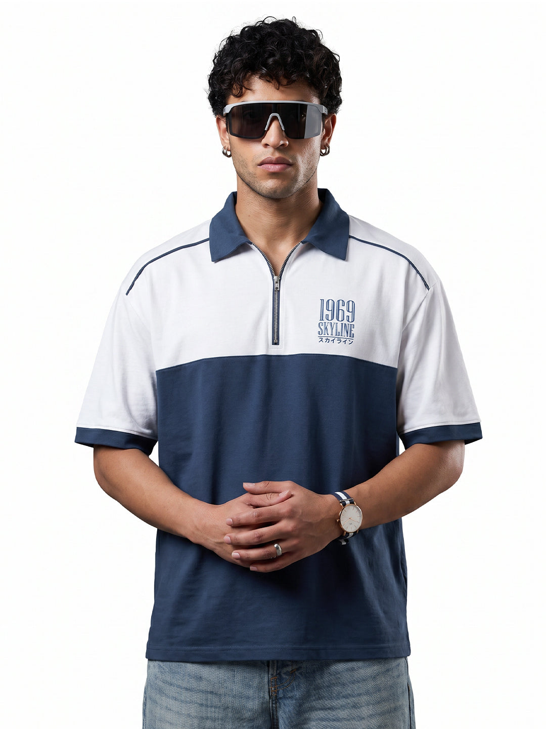 1969 Sky Line Oversized Polo T-Shirt - Navy Blue & White