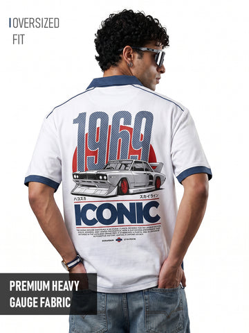 1969 Sky Line Oversized Polo T-Shirt - Navy Blue & White
