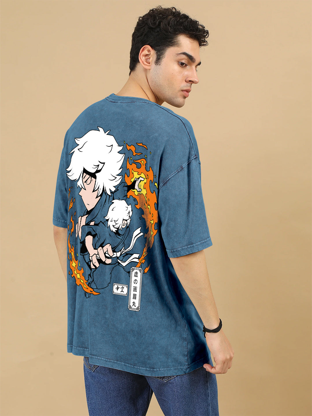 Gabimaru Hell of Paradise Printed Anime Oversized Stone Wash T-Shirt - Denim Blue