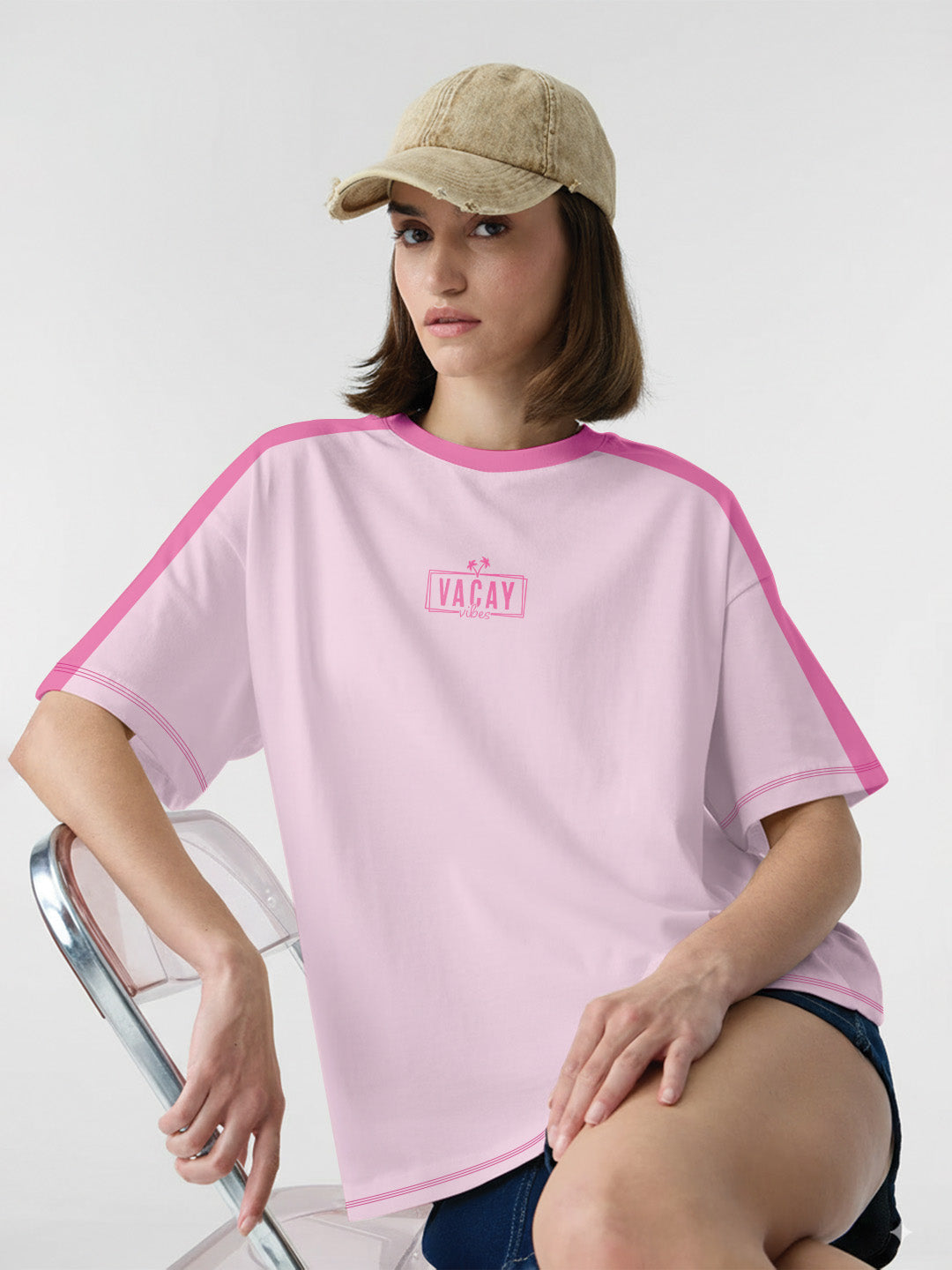 Full Chill Vacay Vibes Women Oversized T-Shirt - Pink & LT Pink
