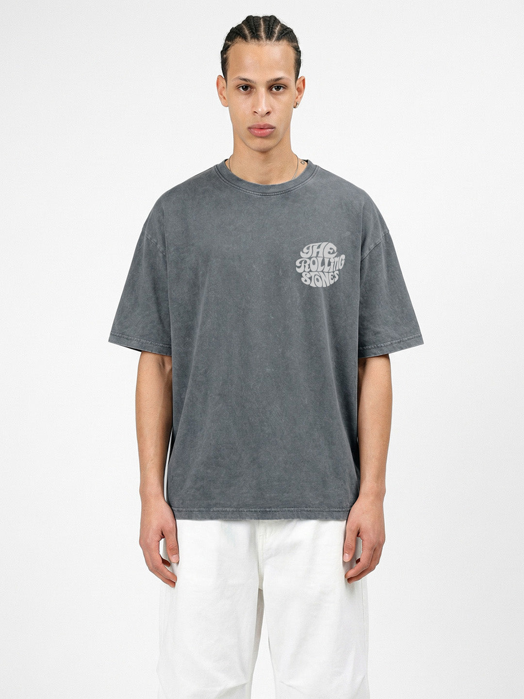 Rolling Stone Acid Wash Graphic Printed Oversized T-Shirt - Steel Grey