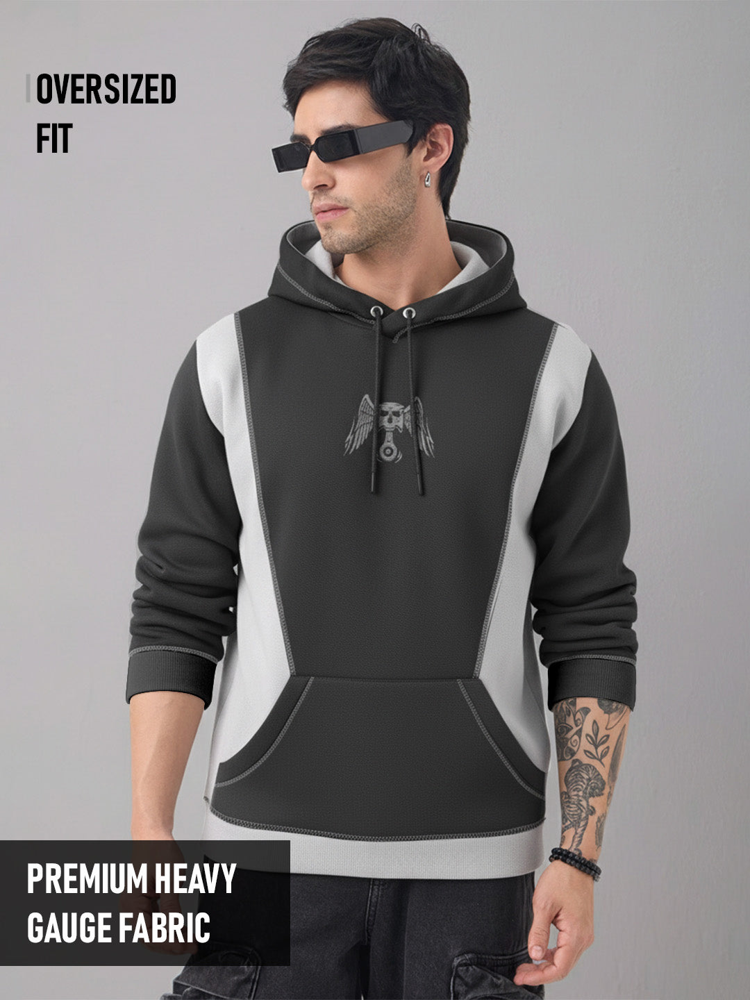 Piston Head Oversized Hoodie - Steel Grey & Black