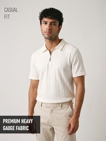 Mono Line Zipper Regular Polo T-Shirt - Off White