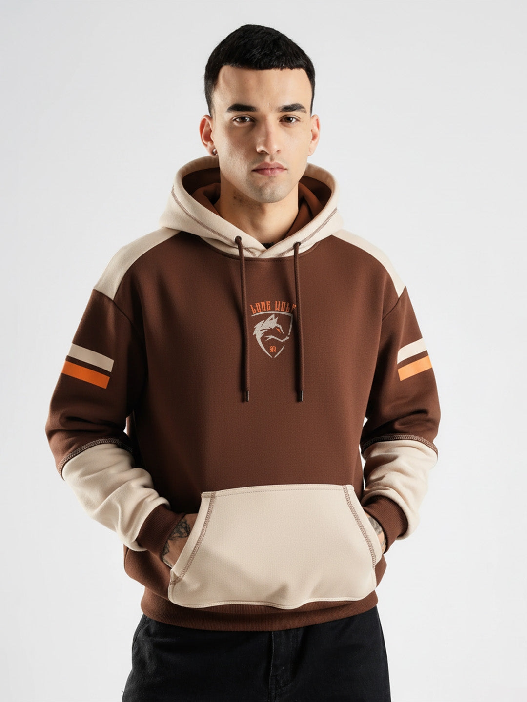 Lone Wolf Oversized Hoodie - Brown & Beige
