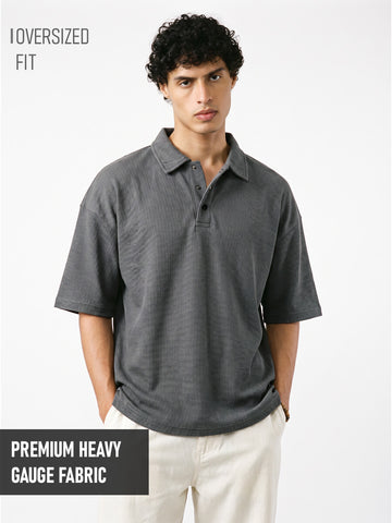 Gun Metal Button Oversized Polo T-Shirt - Dark Grey
