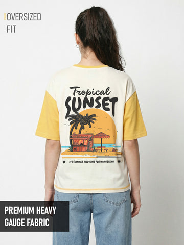 Tropical Vibes Women's Oversized T-Shirt - Off White/Golden Yellow