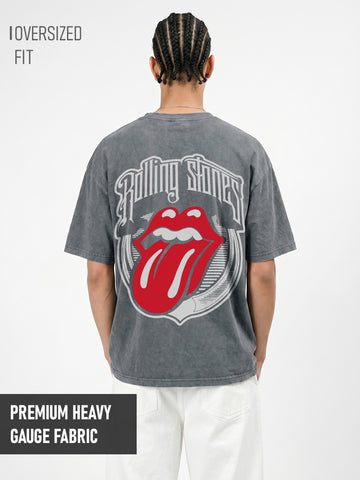 Rolling Stone Acid Wash Graphic Printed Oversized T-Shirt - Steel Grey