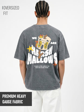 Marshmallows Acid Wash Graphic Printed Oversized T-Shirt - Steel Grey