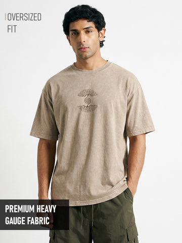 As Above So Below Acid Wash Graphic Printed Oversized T-Shirt - Quick Sand