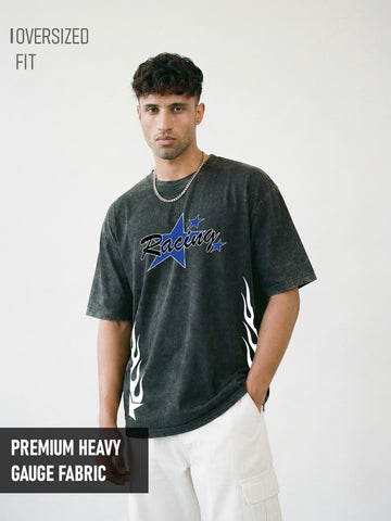 Racing Acid Wash Graphic Printed Oversized T-Shirt - Black
