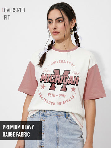 University of Michigan Women's Oversized T-Shirt - Off White/ Coral Haze