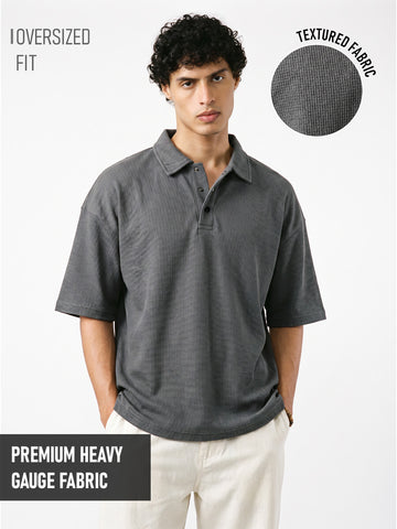 Gun Metal Button Oversized Polo T-Shirt - Dark Grey