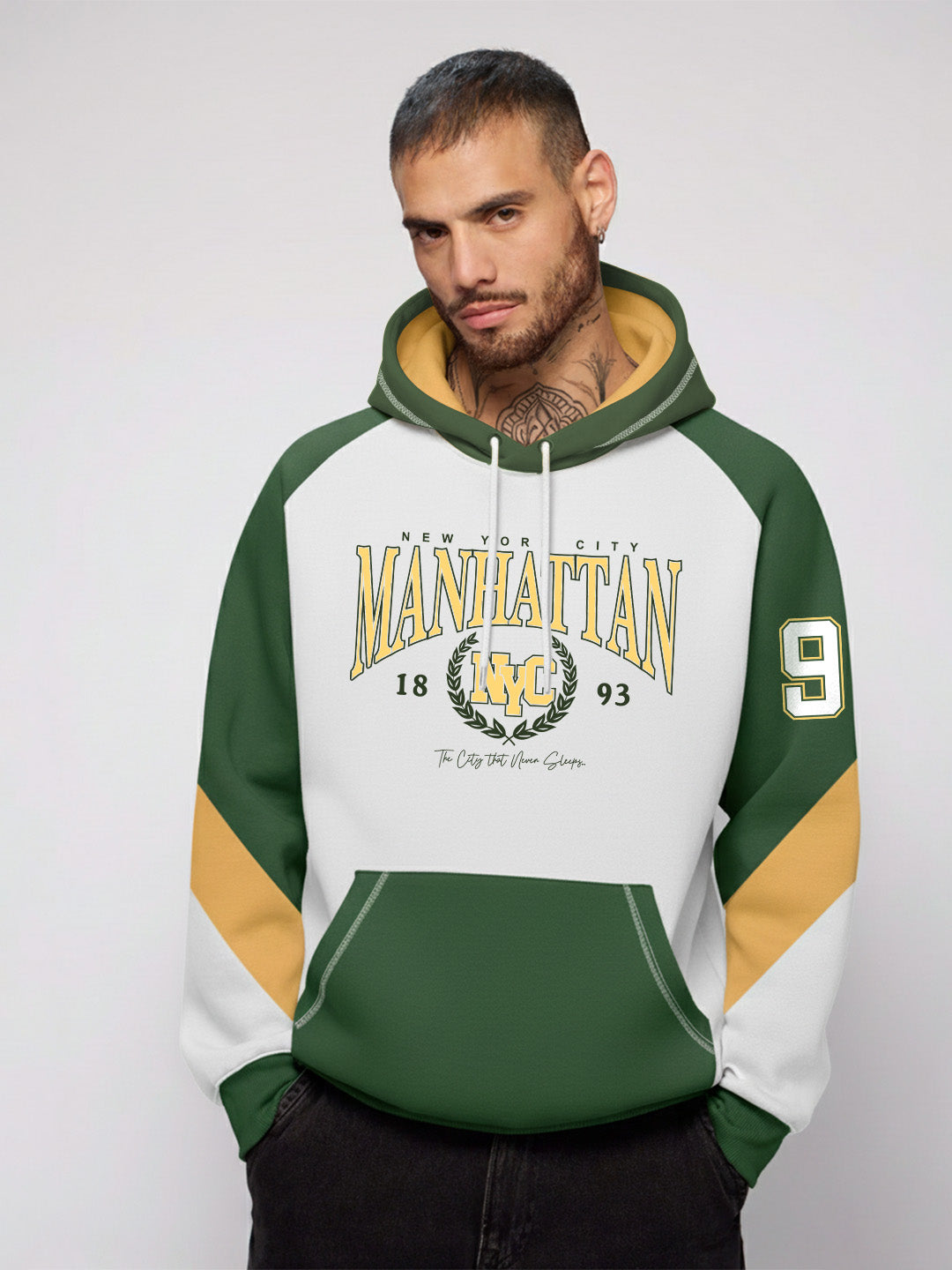 Manhattan Oversized Hoodie - Off White, Green & Yellow