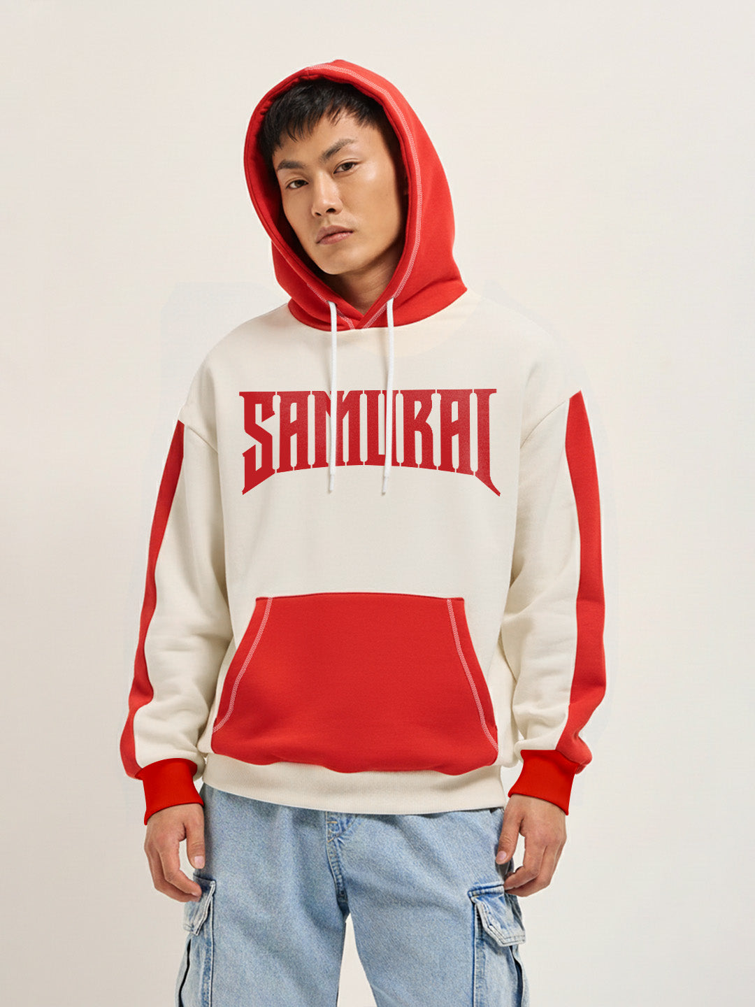Samurai Oversized Hoodie - Off White & Red