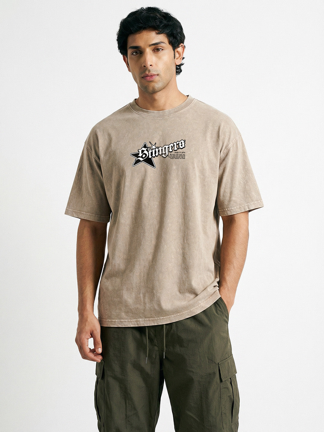 Stingers Acid Wash Oversized T-Shirt - Quick Sand