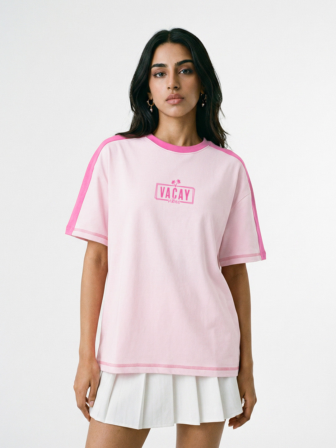Full Chill Vacay Vibes Women Oversized T-Shirt - Pink & LT Pink
