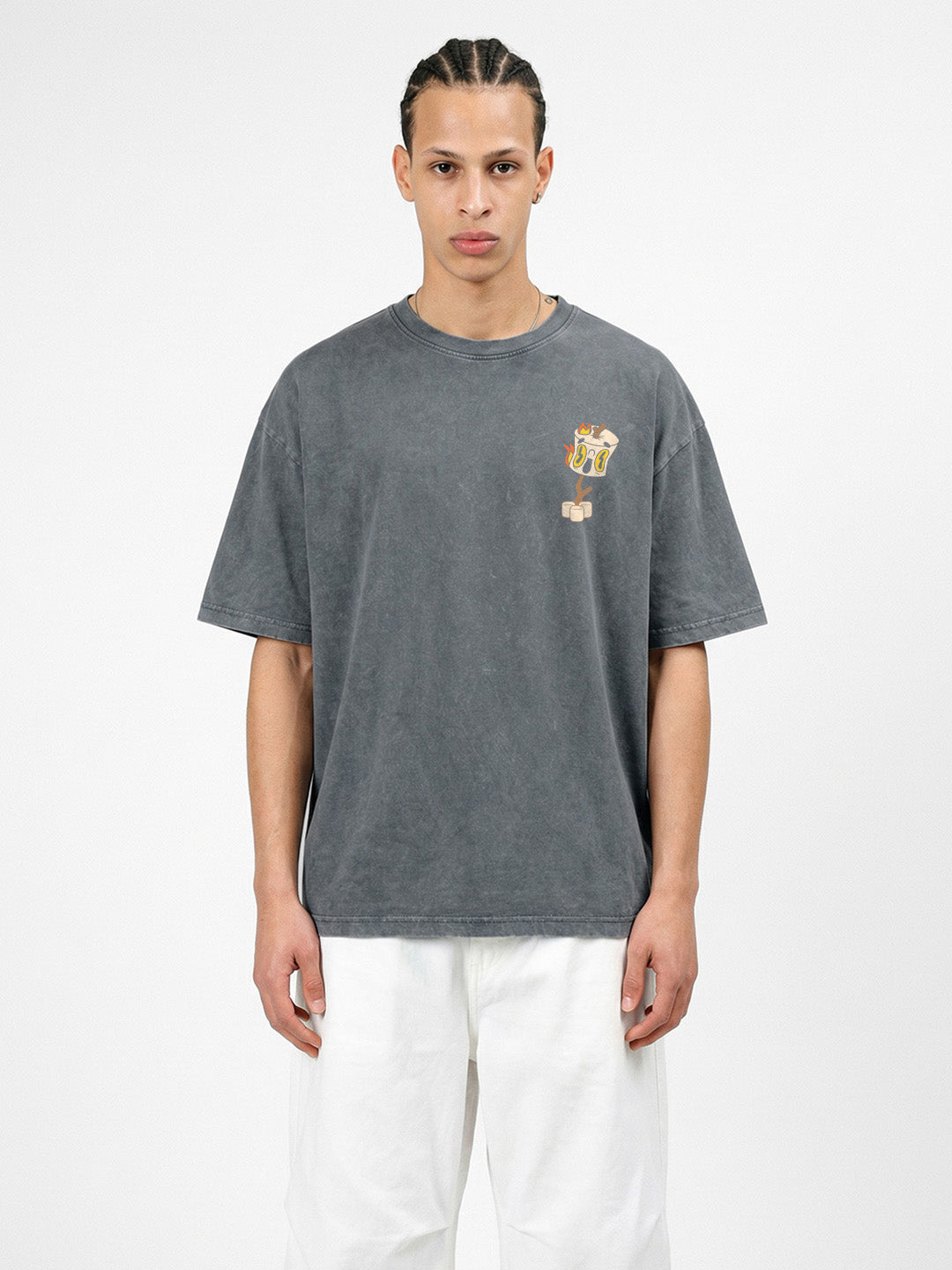 Marshmallows Acid Wash Graphic Printed Oversized T-Shirt - Steel Grey