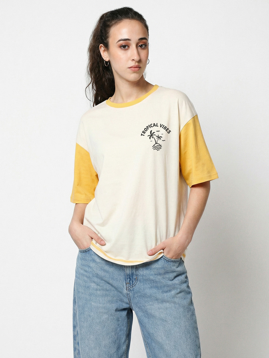 Tropical Vibes Women's Oversized T-Shirt - Off White/Golden Yellow