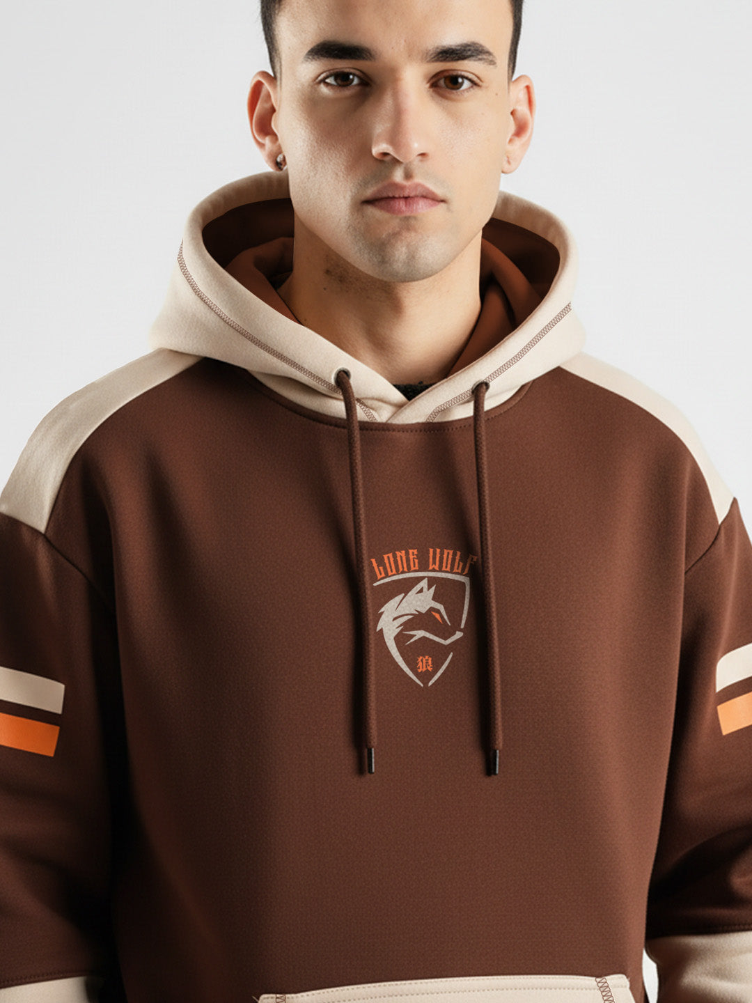Lone Wolf Oversized Hoodie - Brown & Beige – Crazymonk