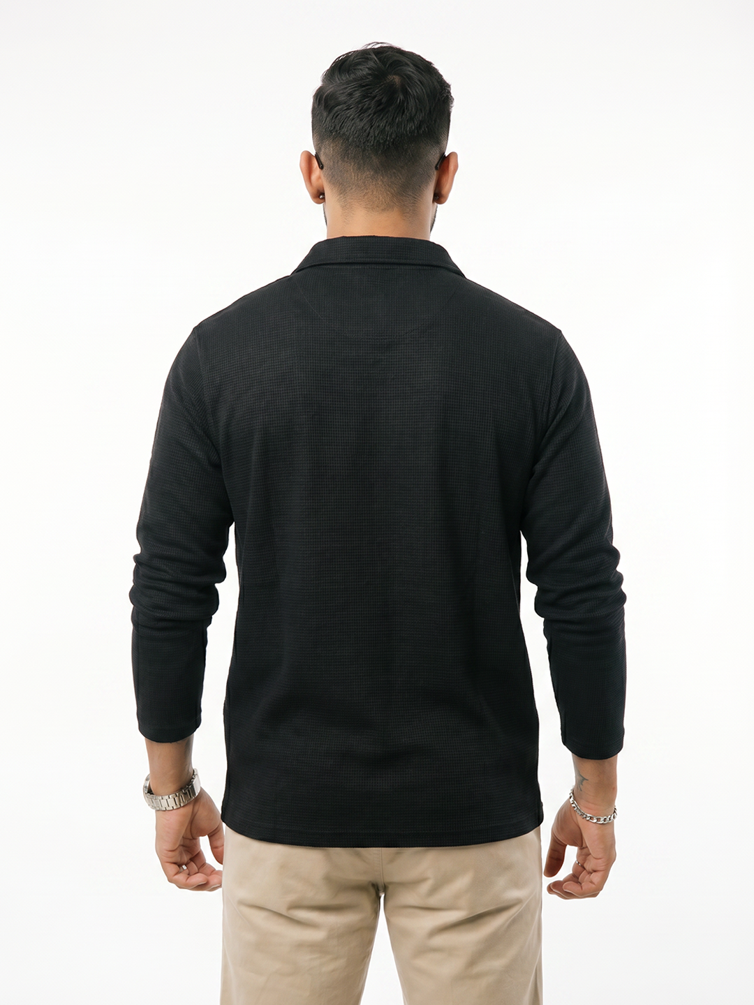 Dark Dimension Full Sleeve Oversized Polo T-Shirt - Black