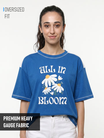 All in Bloom Women Oversized T-Shirt - Royal Blue & White