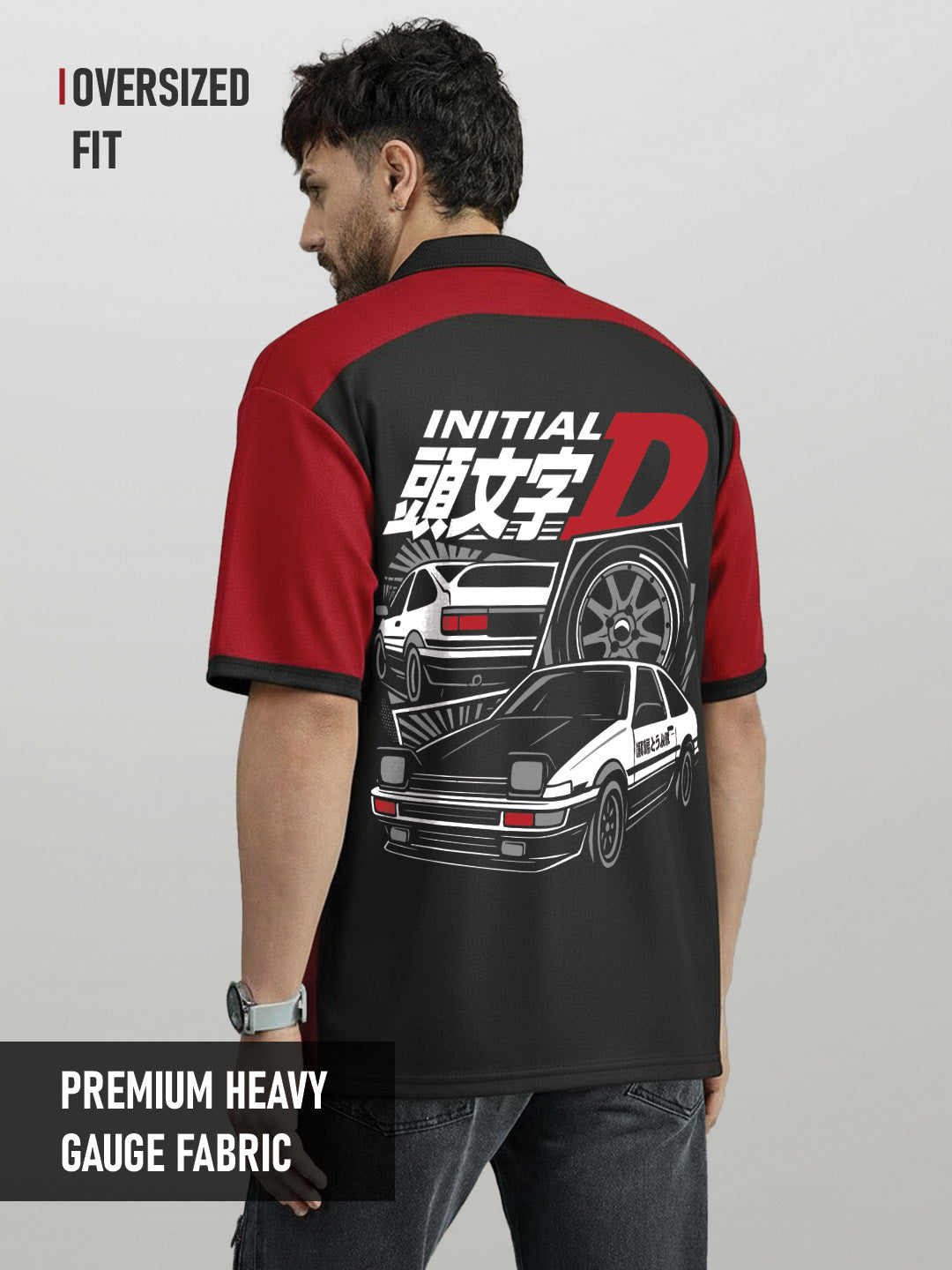 Polo - Initial D Oversized Polo T-Shirt - Red & Black