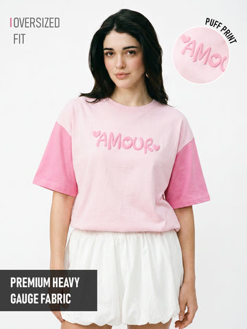Amour Women Oversized T-Shirt - Pink & Light Pink