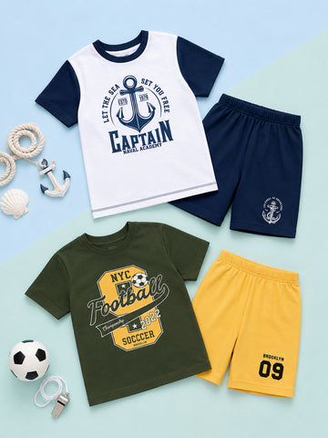 Anchored in Adventure White Navy Top & Navy Bottom & Soccer Brooklyn Olive Green Top & Yellow Bottom (Pack of 2)