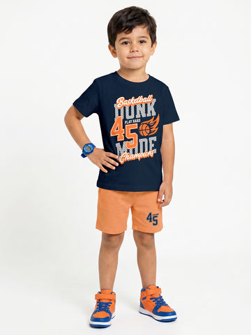 Kids - Basket Ball Champs Navy Blue Top & Orange Bottom Set