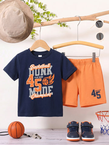 Kids - Basket Ball Champs Navy Blue Top & Orange Bottom Set