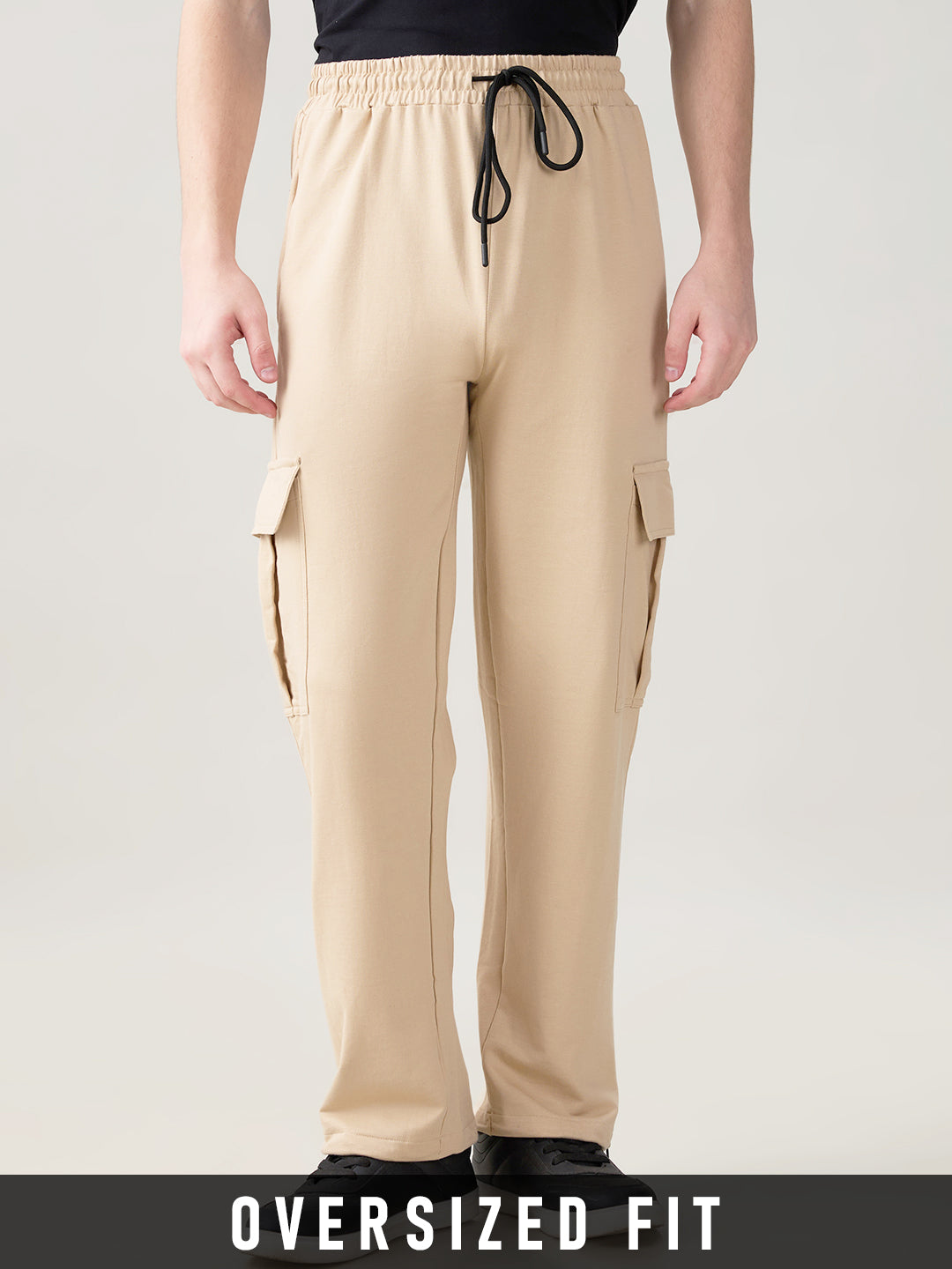 Plain Oversized Cargo Joggers - Beige