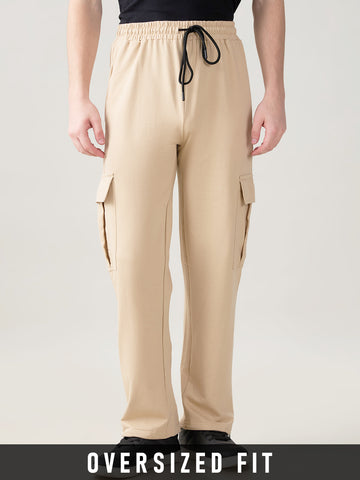 Plain Oversized Cargo Joggers - Beige