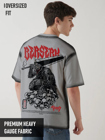 Berserk Guts Wrath Printed Anime Oversized T-Shirt - Steel Grey